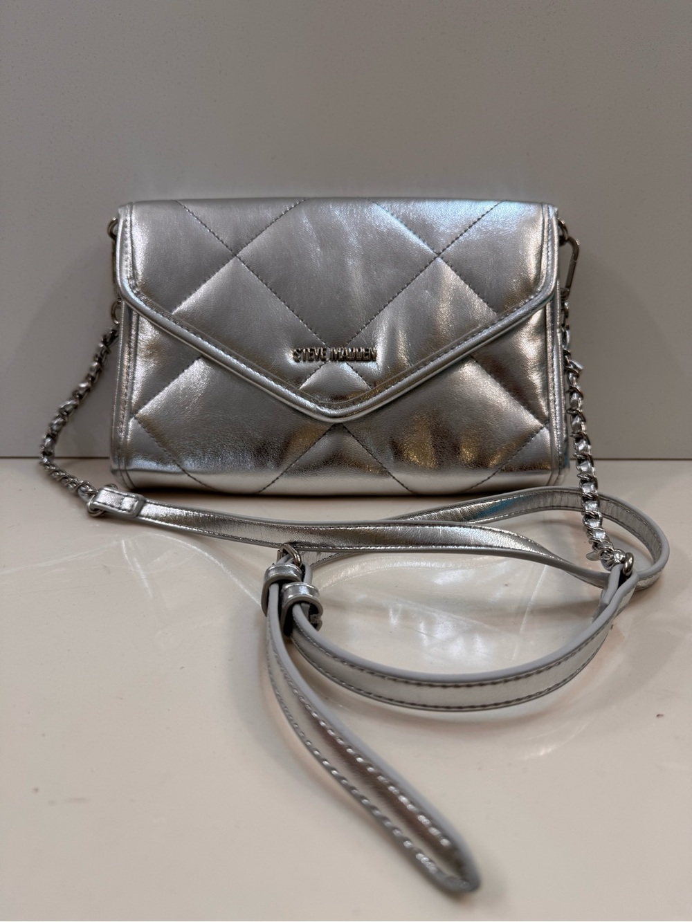 Steve Madden Metallic Silver Quilted Crossbody Bag